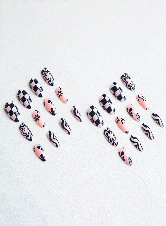 HJKDSFD 24Pcs Cute Press on Nails Short Almond Fake Nails Black and White Checkerboard Stick on Nail Glossy False Nails with Flower Curve Stripes Designs Reusable Acrylic Artificial Nails for Women Girls - Image 4